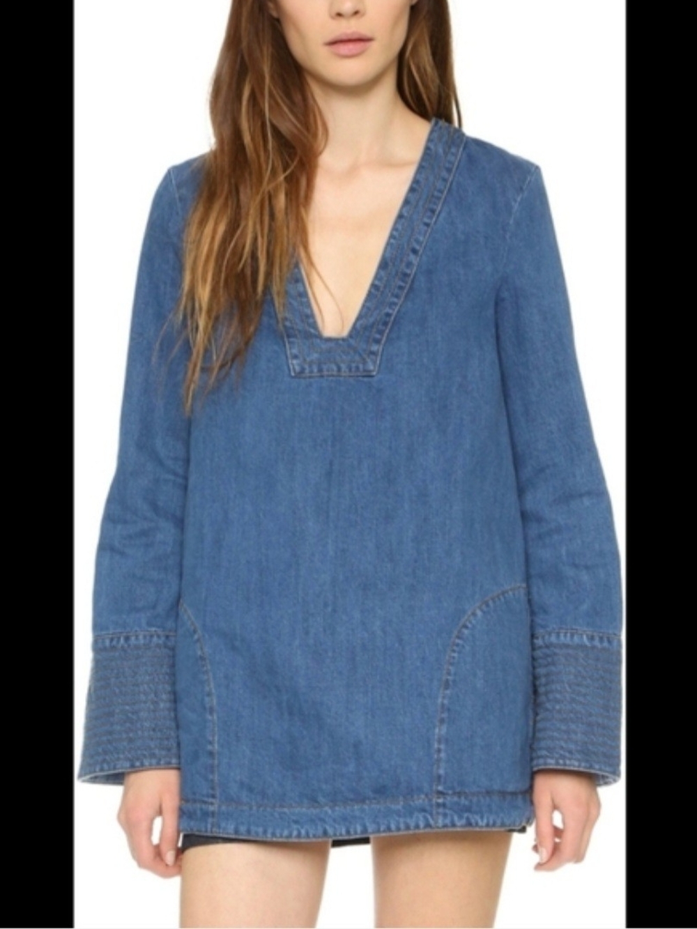 Free People Blue Denim Tunic with V-Neck